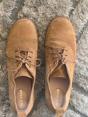 Cole Haan Camea Heritage Golden Toffee Suede Almond Toe Block Heeled Loafers